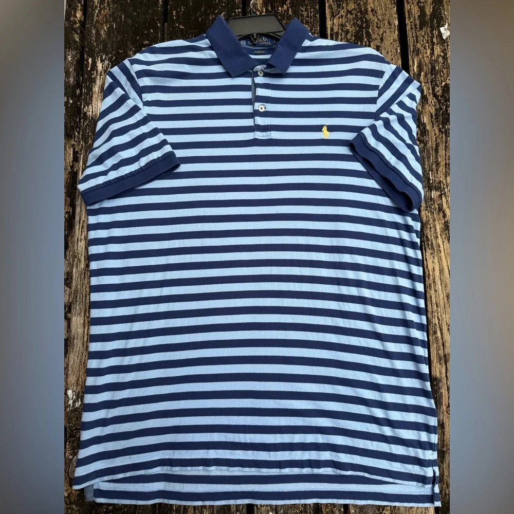 Polo Ralph Lauren Navy & Light Blue Striped Classic Fit Large Golf Polo Shirt T8